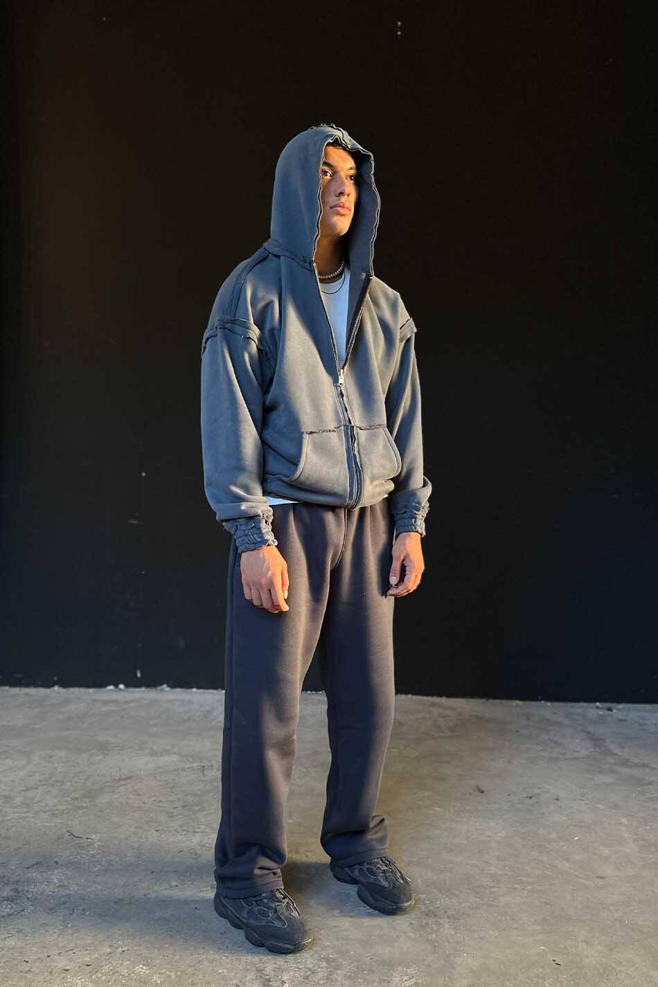 Füme 480 GSM Çift Taraflı Oversize Boxy Fit Zip Hoodie - SOLDOUT