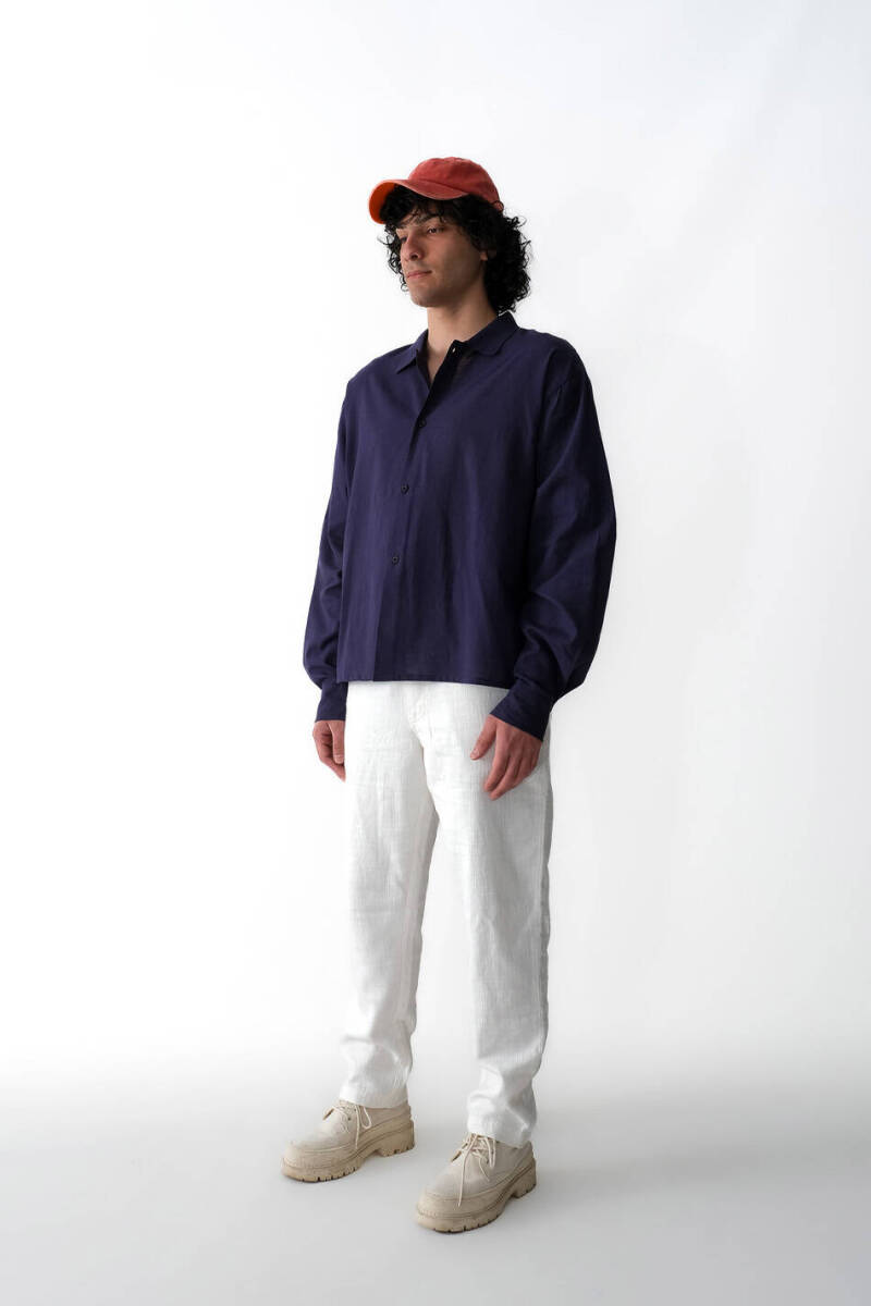 Gece Mavisi Boxy Fit Crop %100 Pamuk İnce Gömlek - 2