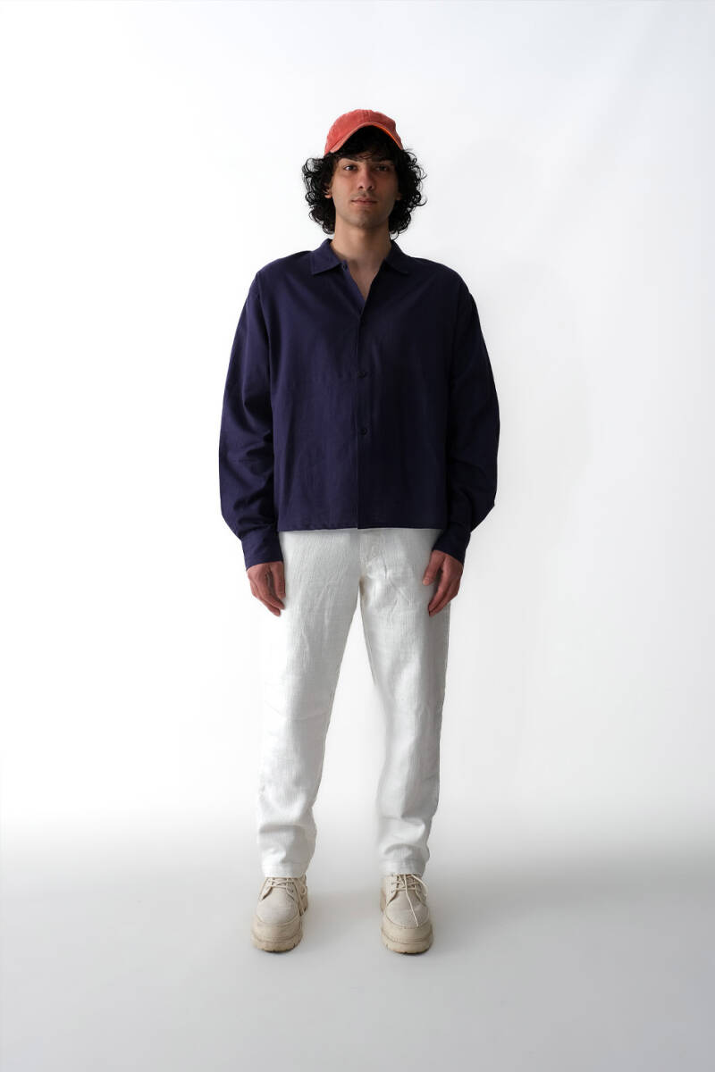 Gece Mavisi Boxy Fit Crop %100 Pamuk İnce Gömlek - 3