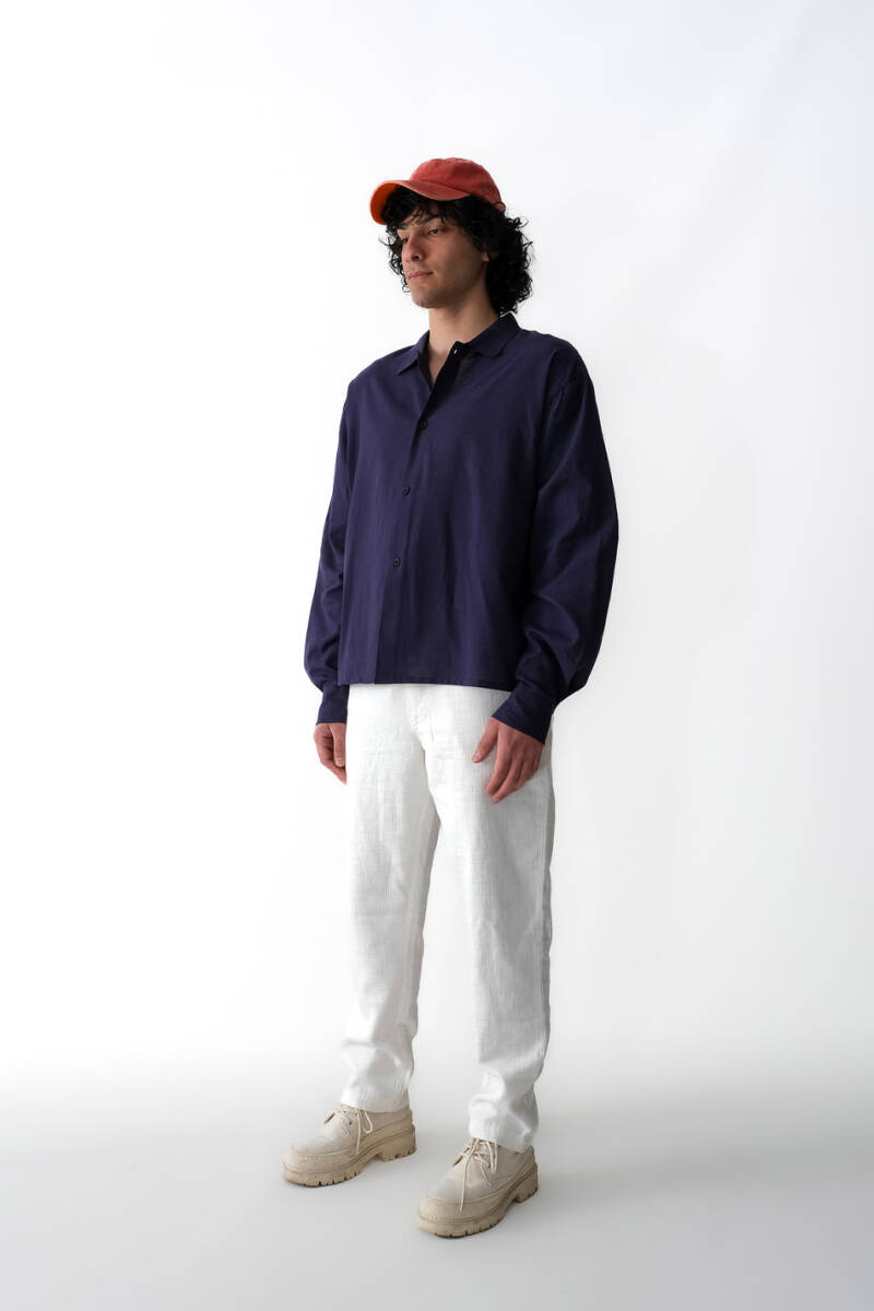 Gece Mavisi Boxy Fit Crop %100 Pamuk İnce Gömlek - 2