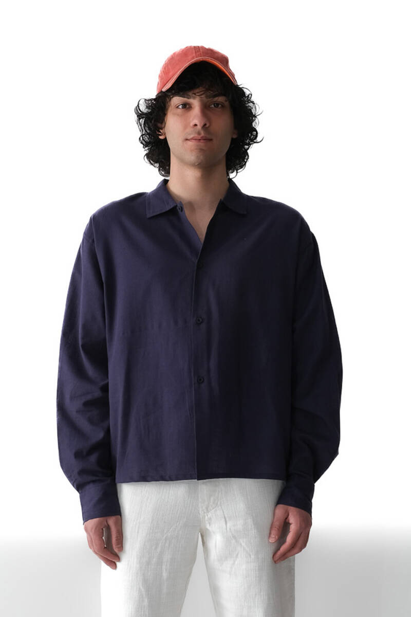 Gece Mavisi Boxy Fit Crop %100 Pamuk İnce Gömlek - 1