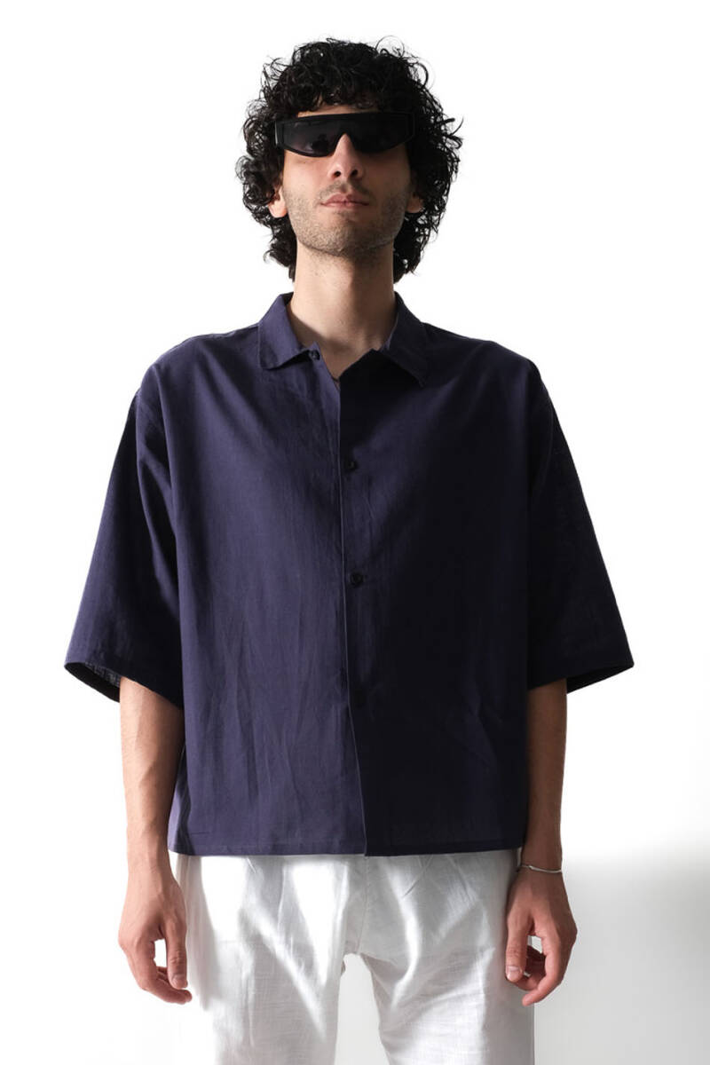 Gece Mavisi Boxy Fit Crop Yarım Kol %100 Pamuk Gömlek - 1