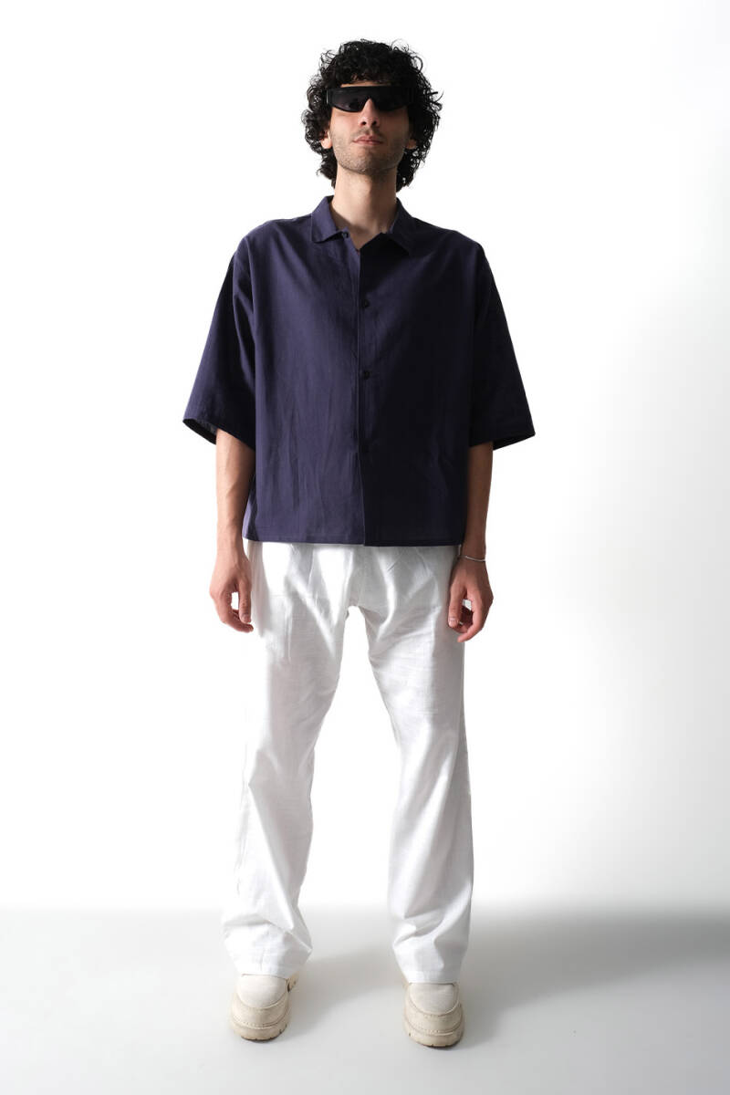 Gece Mavisi Boxy Fit Crop Yarım Kol %100 Pamuk Gömlek - 2