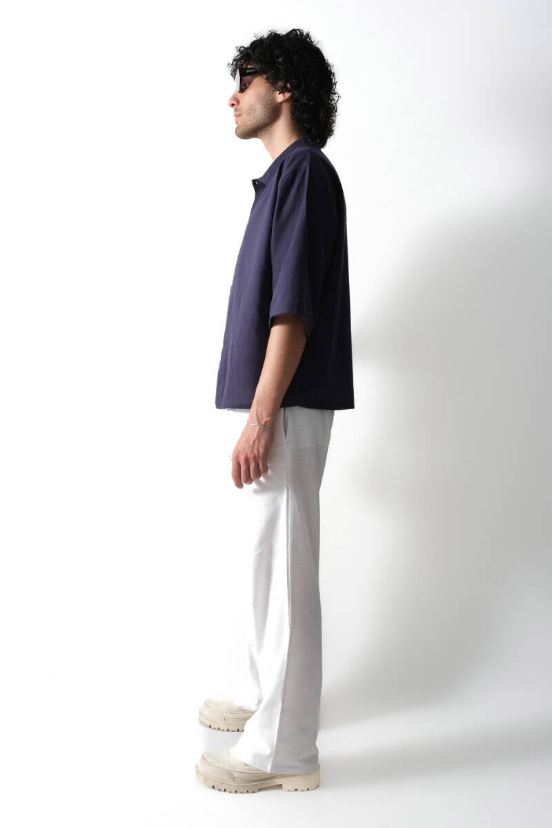 Gece Mavisi Boxy Fit Crop Yarım Kol %100 Pamuk Gömlek - 4