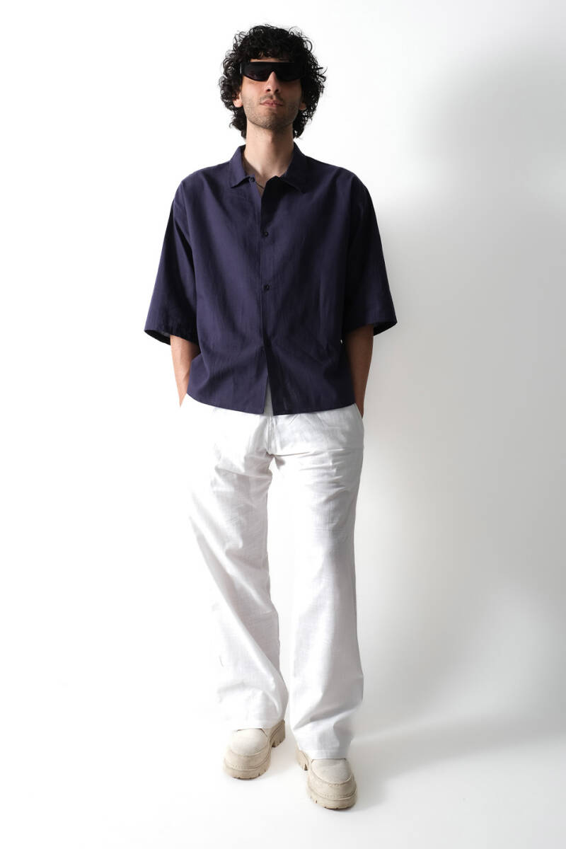 Gece Mavisi Boxy Fit Crop Yarım Kol %100 Pamuk Gömlek - 6