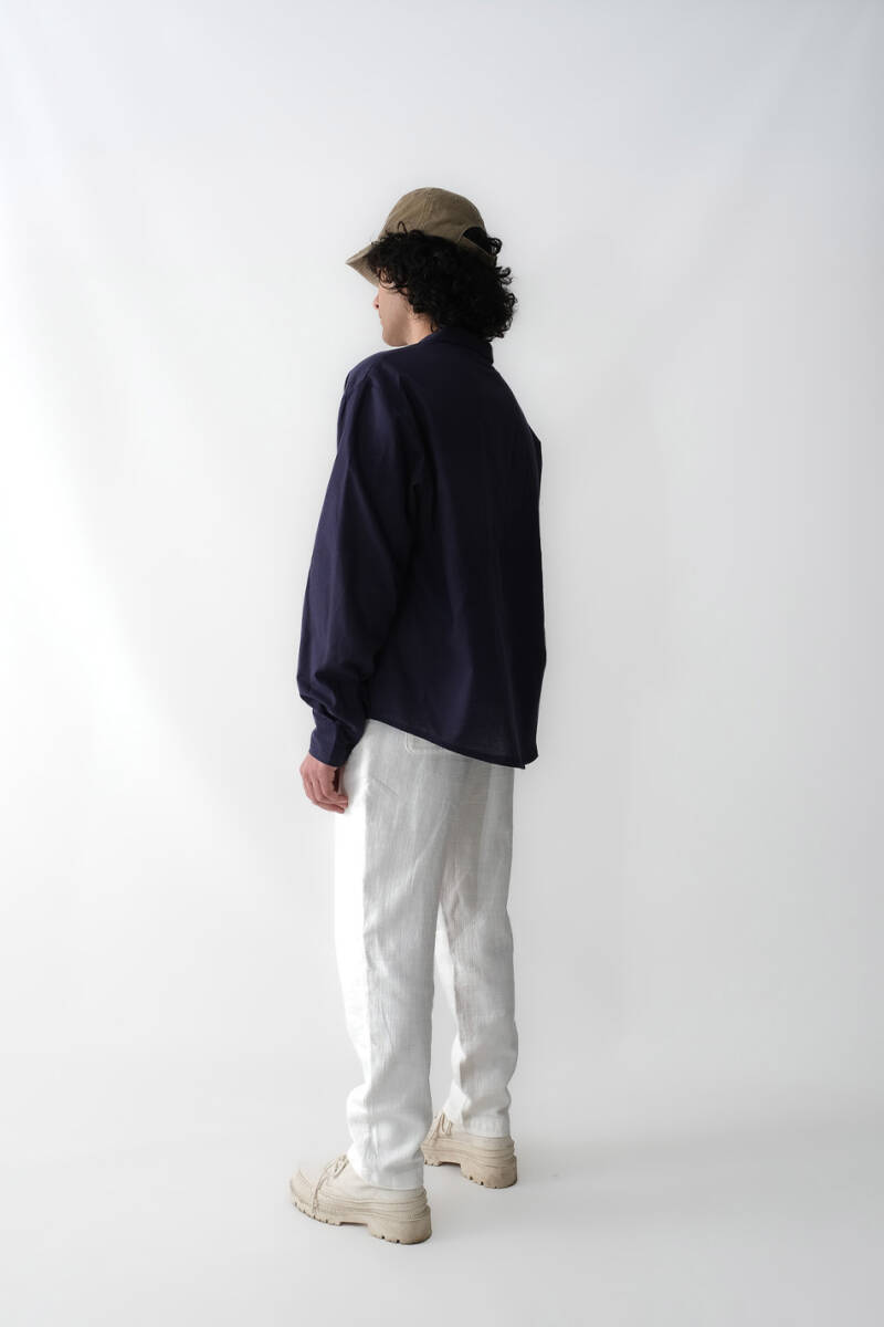 Gece Mavisi Oversize %100 Pamuk İnce Gömlek - 5