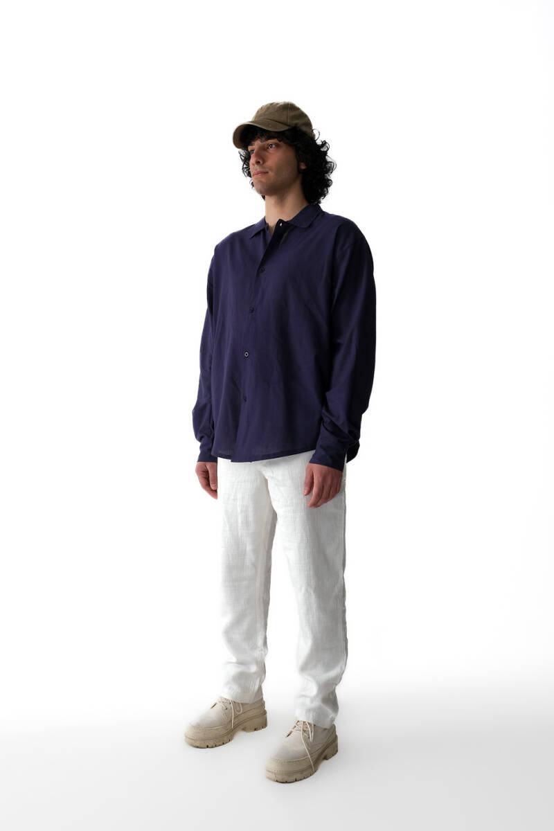 Gece Mavisi Oversize %100 Pamuk İnce Gömlek - 3