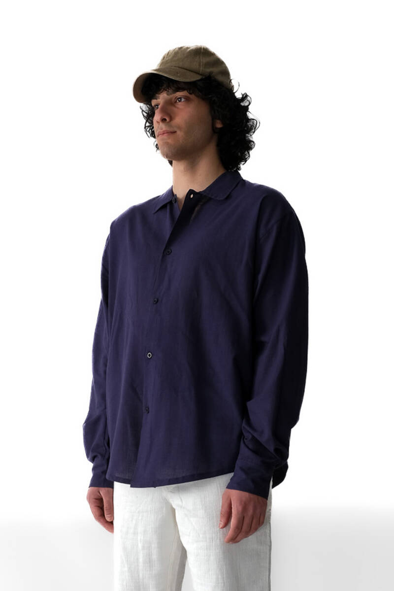 Gece Mavisi Oversize %100 Pamuk İnce Gömlek - 1
