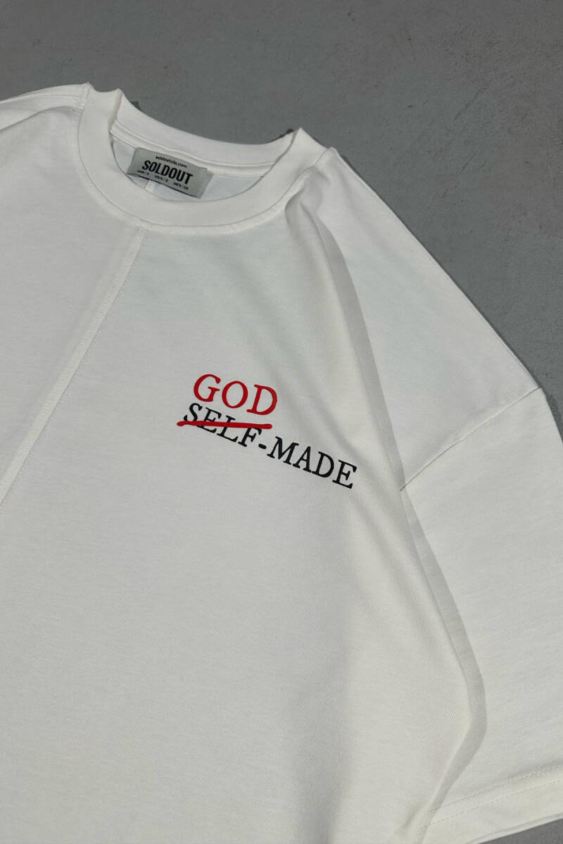 God Made Baskılı Dikiş Detaylı Oversize Tişört 