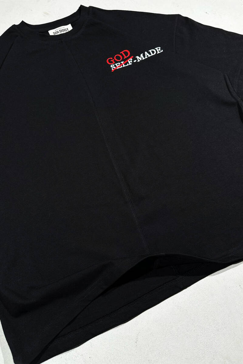 God Made Baskılı Dikiş Detaylı Siyah Oversize Tişört - 3