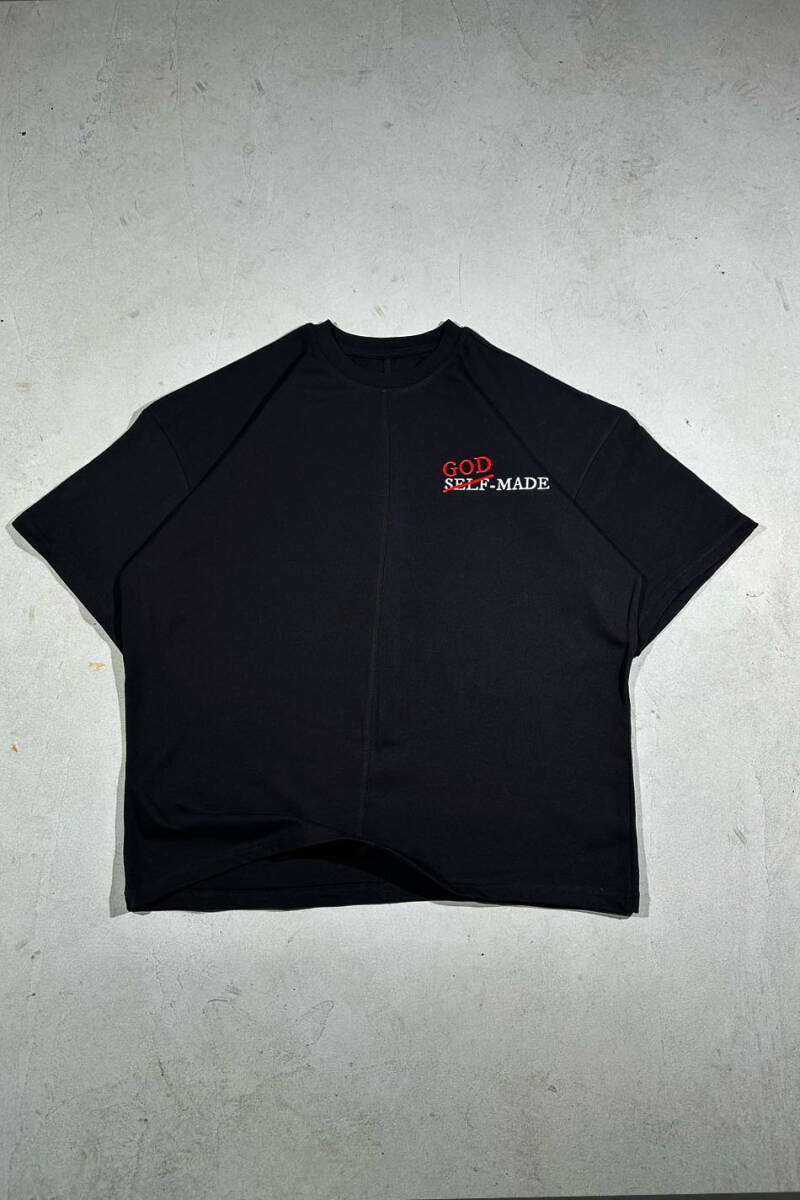 God Made Baskılı Dikiş Detaylı Siyah Oversize Tişört - 2