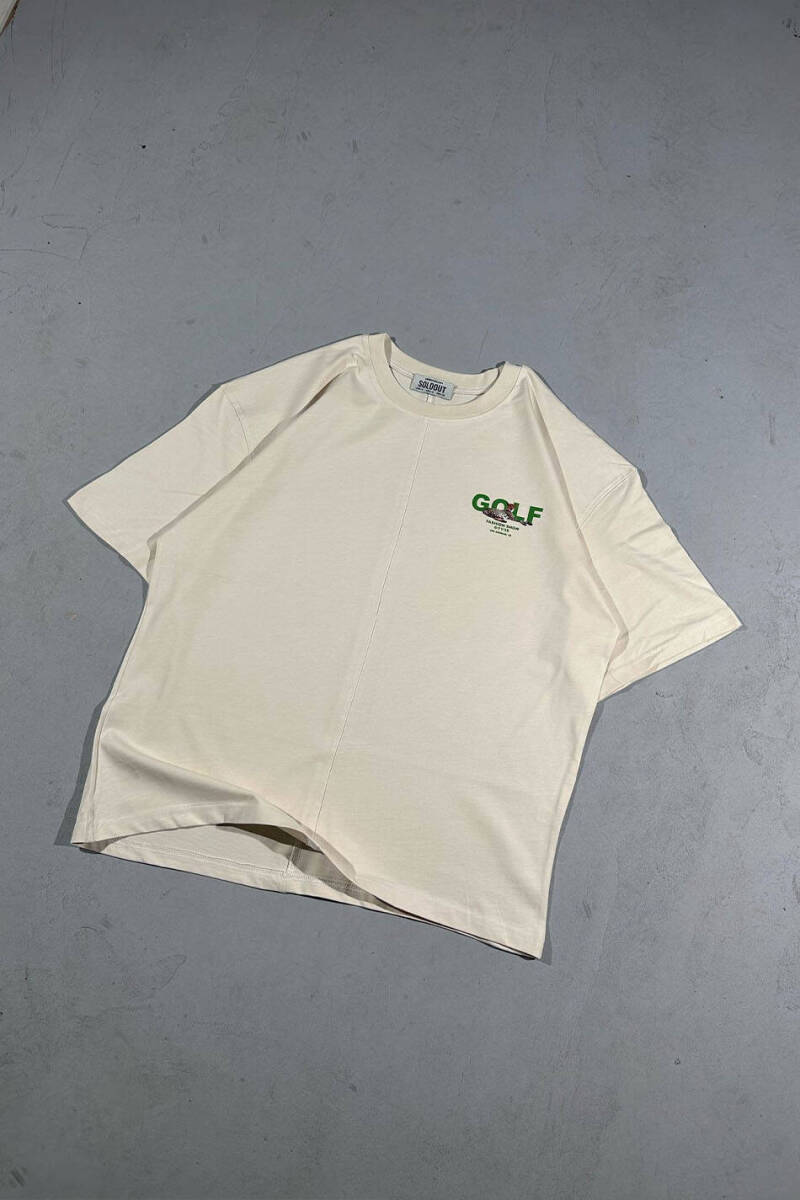 Golf Baskılı Dikiş Detaylı Bej Oversize Tişört - 3