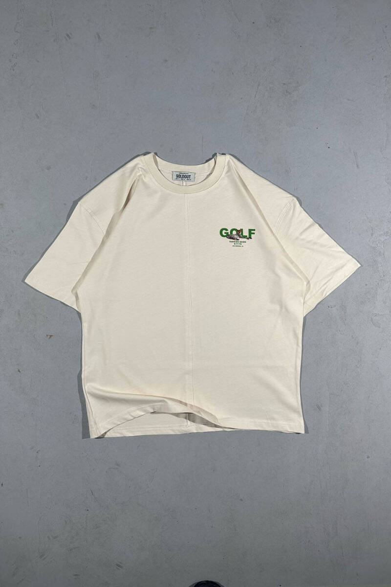 Golf Baskılı Dikiş Detaylı Bej Oversize Tişört - 2