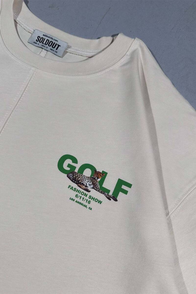 Golf Baskılı Dikiş Detaylı Bej Oversize Tişört 
