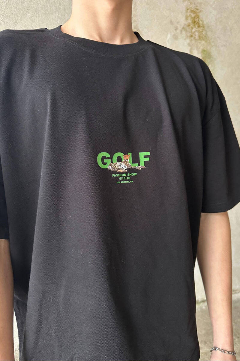 Golf Baskılı Siyah Oversize Tişört - 3
