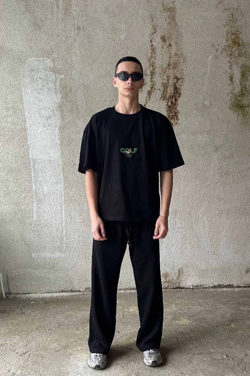 Golf Baskılı Siyah Oversize Tişört - 1
