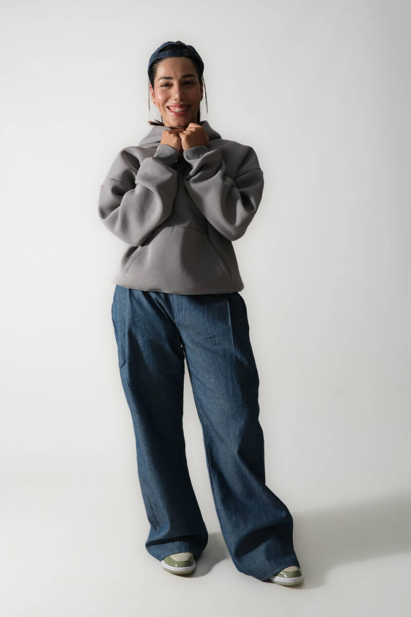 Gri Oversize Boxy Fit Hoodie - 7