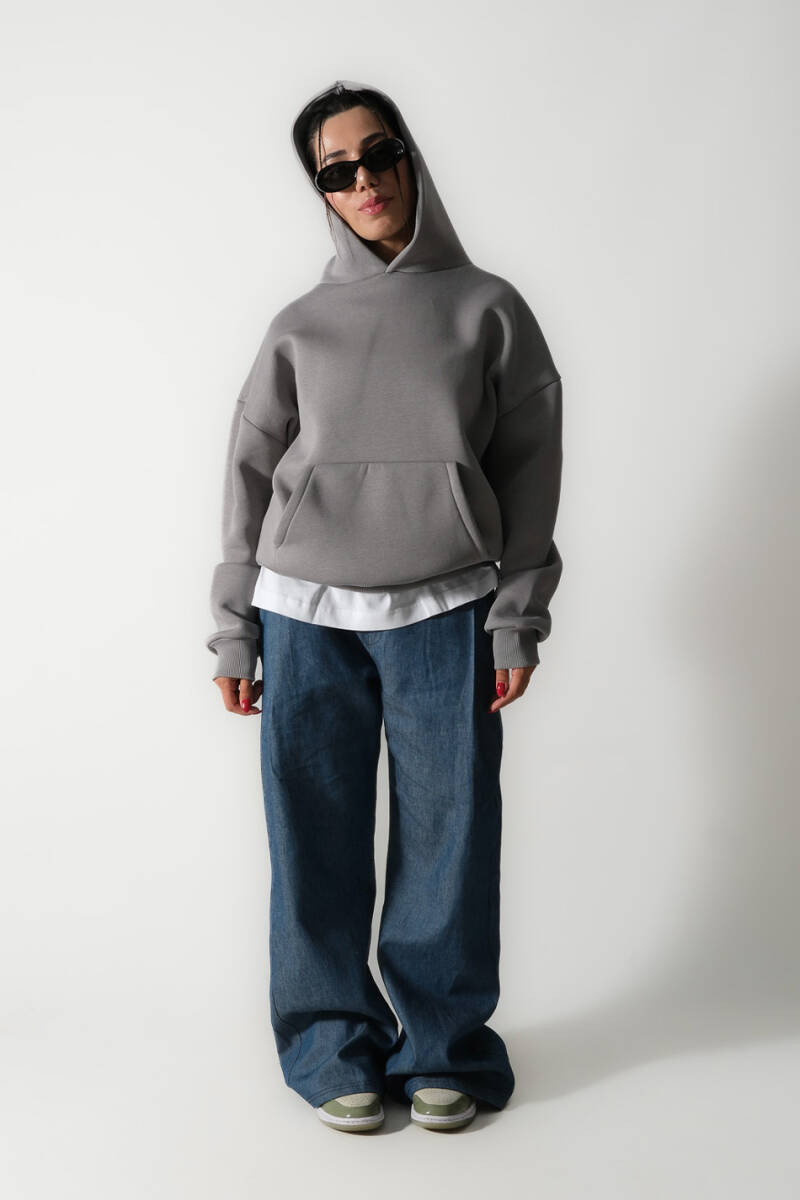 Gri Oversize Boxy Fit Hoodie - 3