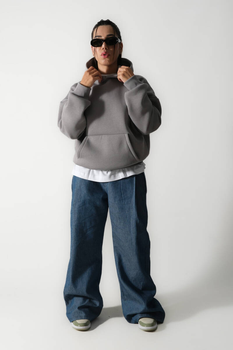 Gri Oversize Boxy Fit Hoodie - 6