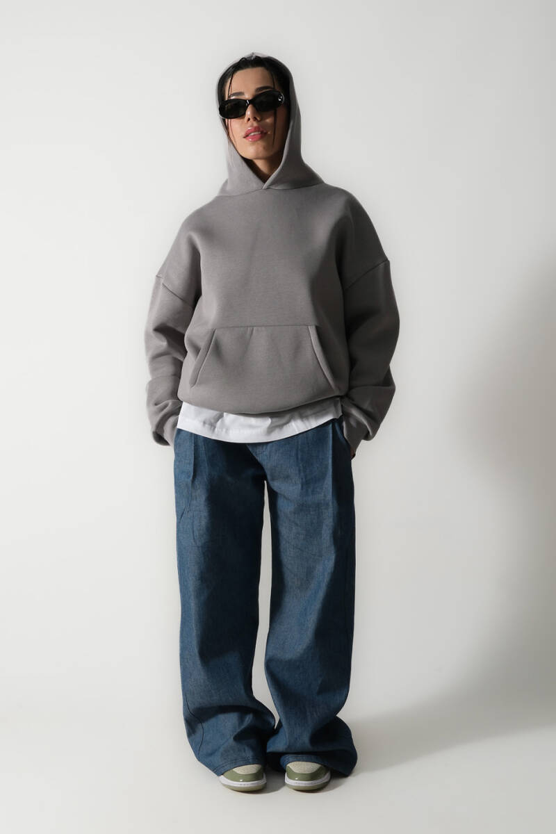 Gri Oversize Boxy Fit Hoodie - 2