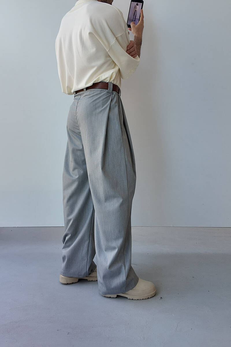 Gri Fenna V2 Pileli Baggy Kumaş Pantolon - 4
