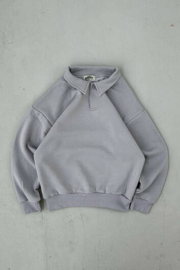 Gri Polo Yaka Oversize Sweatshirt - 1