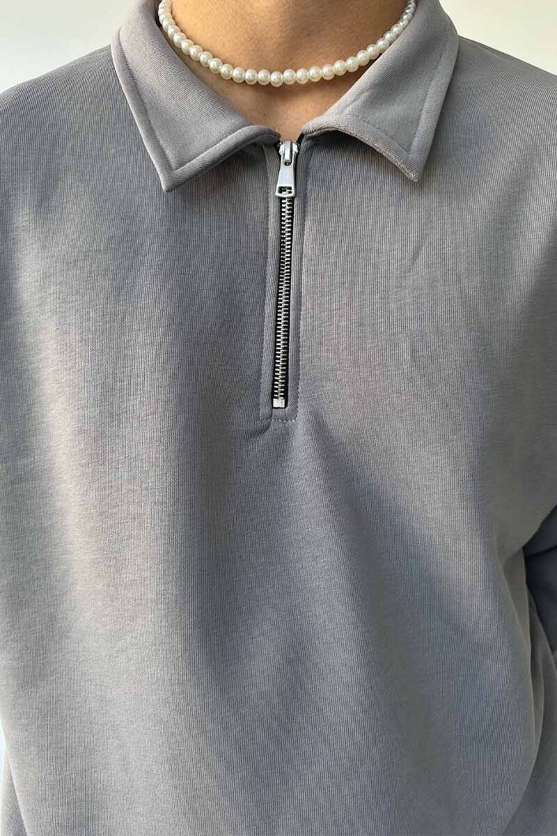 Gri Yarım Fermuar Polo Yaka Sweatshirt - 3