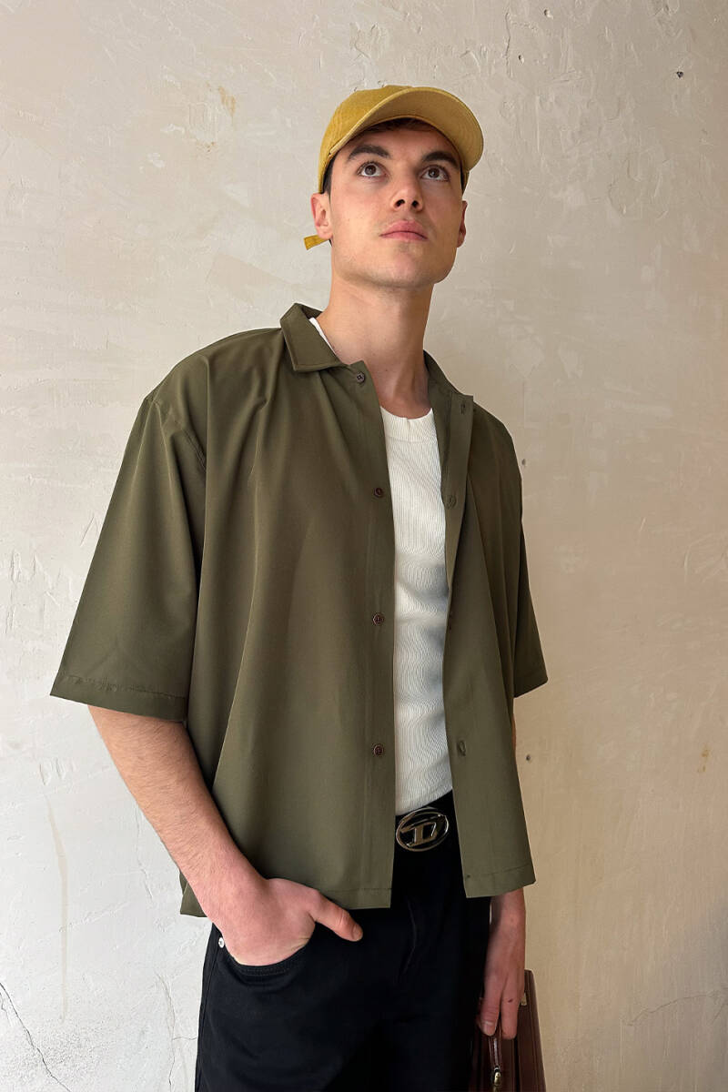 Haki Yarım Kol Oversize Gömlek - 3