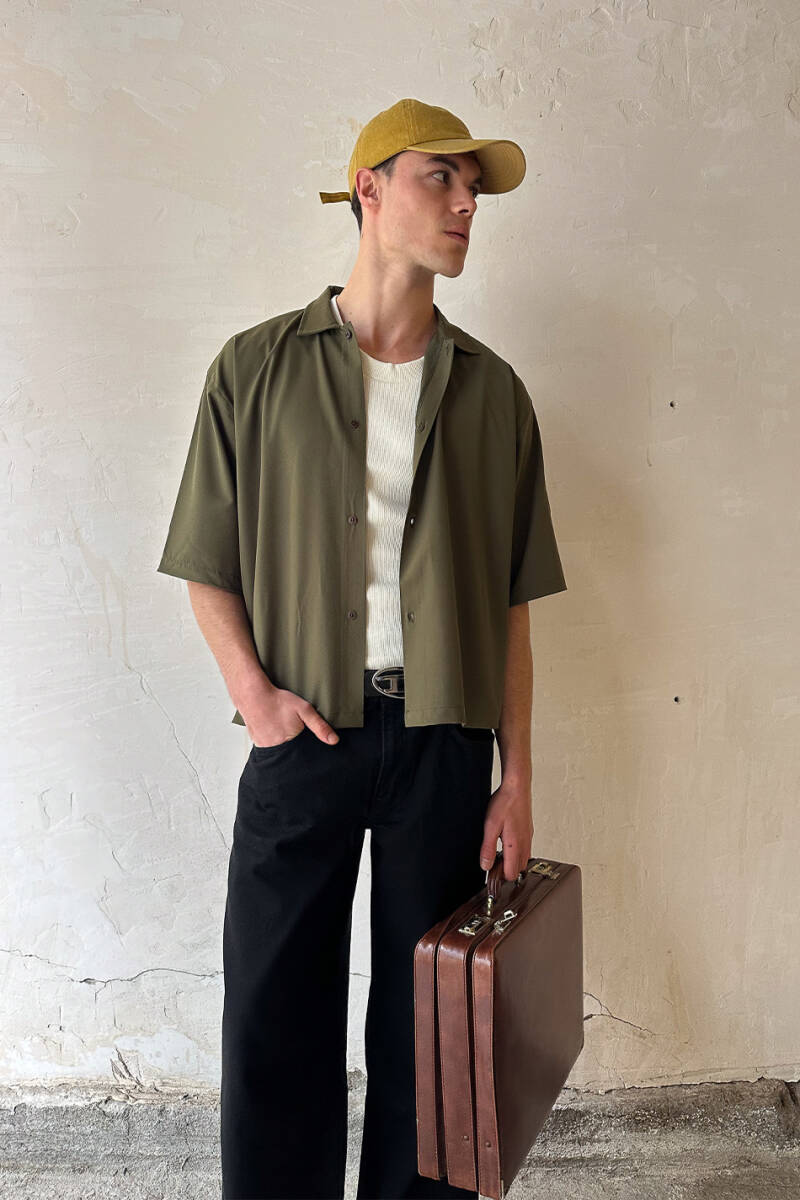 Haki Yarım Kol Oversize Gömlek - SOLDOUT