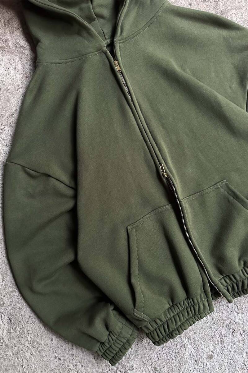 Haki Yeşil Heavyweight (450GSM) Oversize Boxy Fit Zip Hoodie - 2
