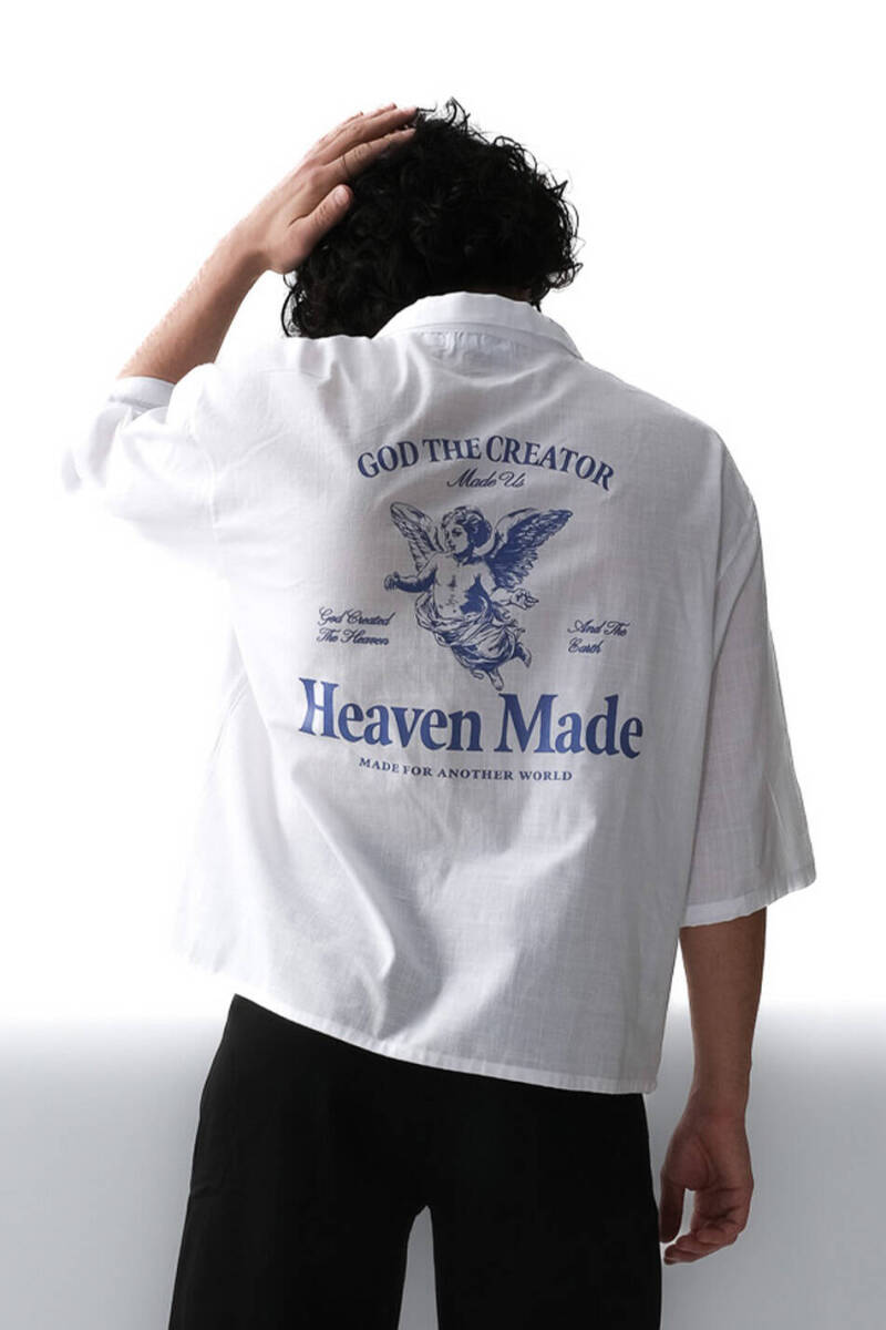 Heaven Made Beyaz Boxy Fit Crop Yarım Kol %100 Pamuk İnce Gömlek - 1