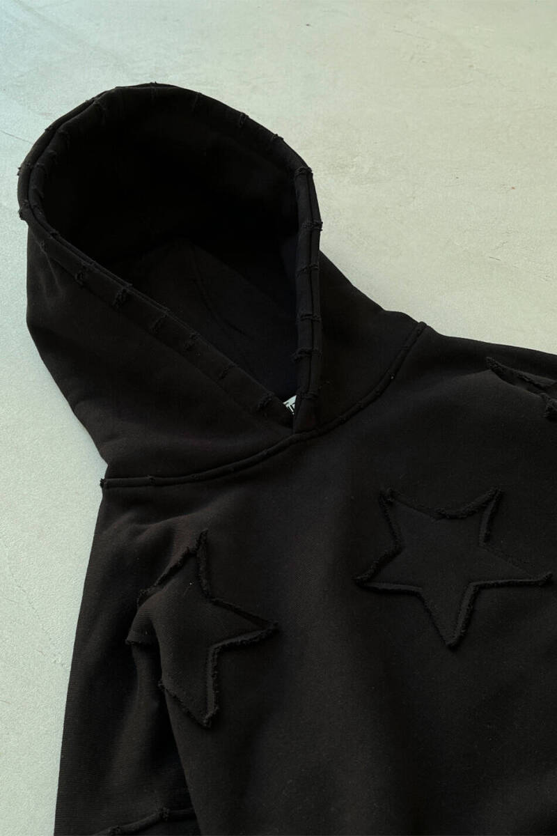 Siyah Yıldız Detaylı 550GSM (Heavyweight) Oversize Boxy Fit Hoodie - 6