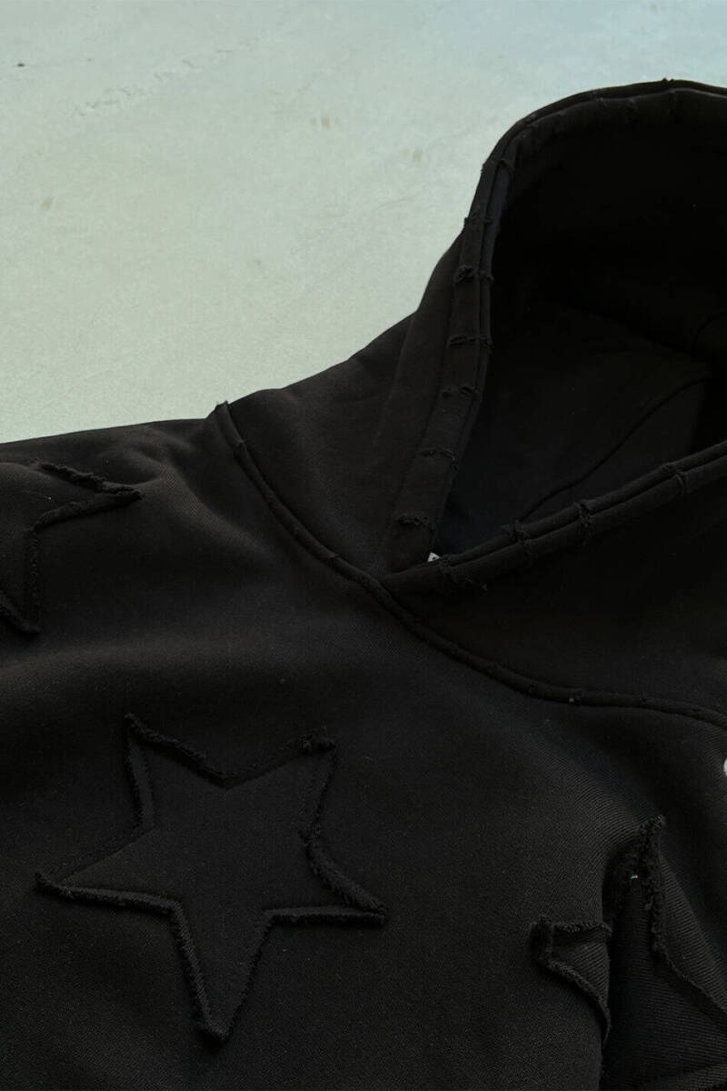 Siyah Yıldız Detaylı 550GSM (Heavyweight) Oversize Boxy Fit Hoodie - 7