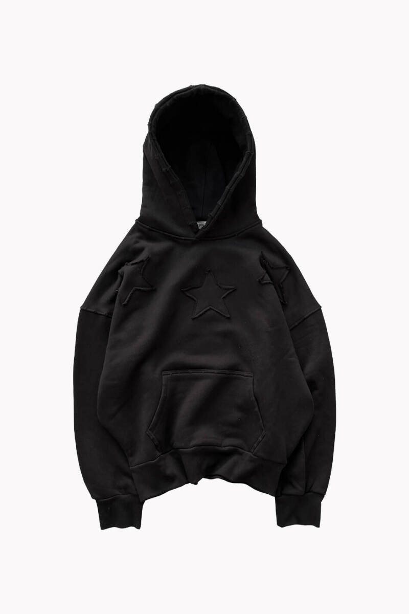 Siyah Yıldız Detaylı 550GSM (Heavyweight) Oversize Boxy Fit Hoodie - 5