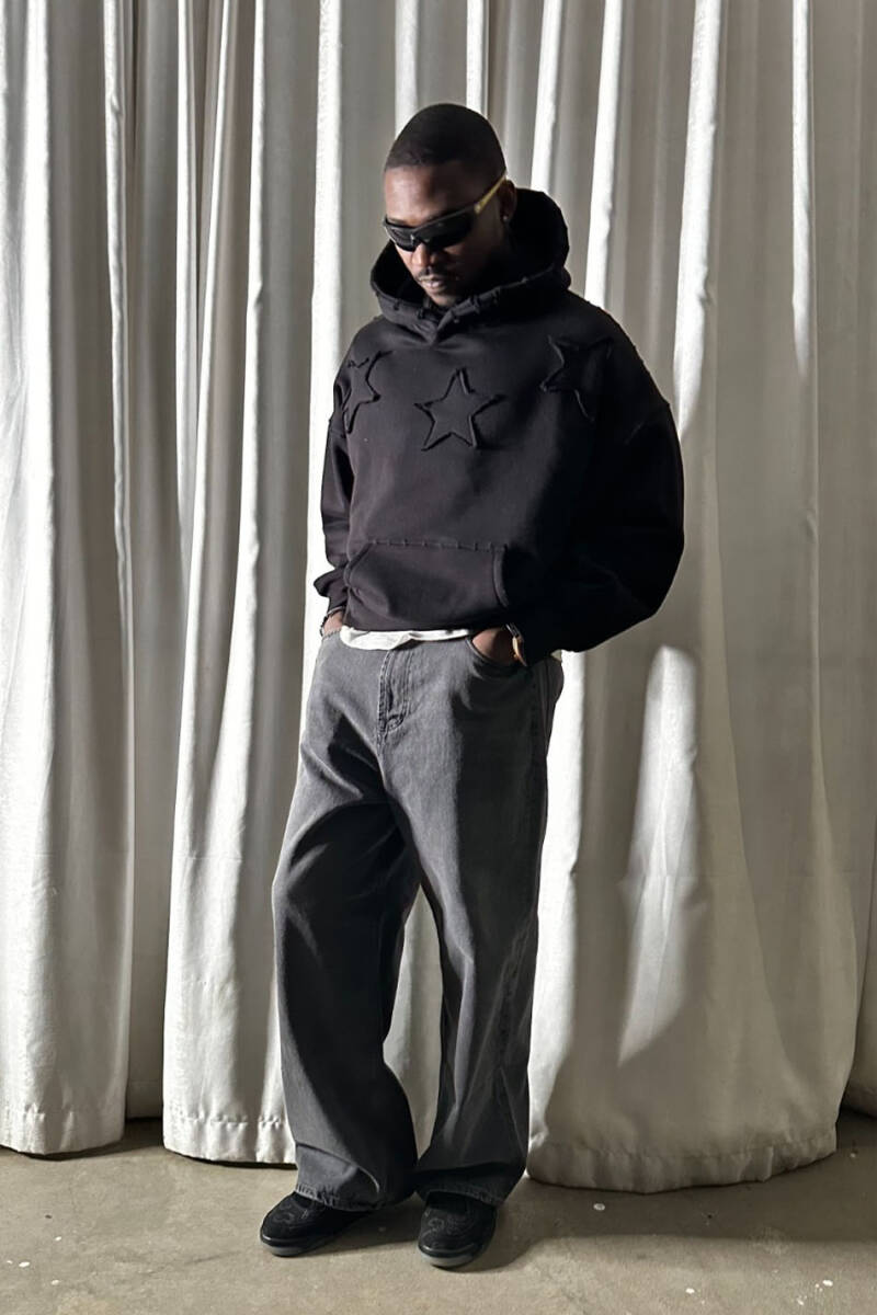 Siyah Yıldız Detaylı 550GSM (Heavyweight) Oversize Boxy Fit Hoodie - 2