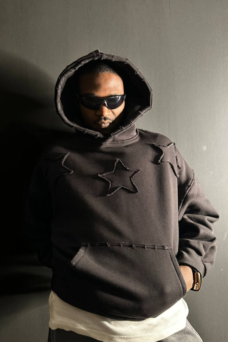 Siyah Yıldız Detaylı 550GSM (Heavyweight) Oversize Boxy Fit Hoodie - 3