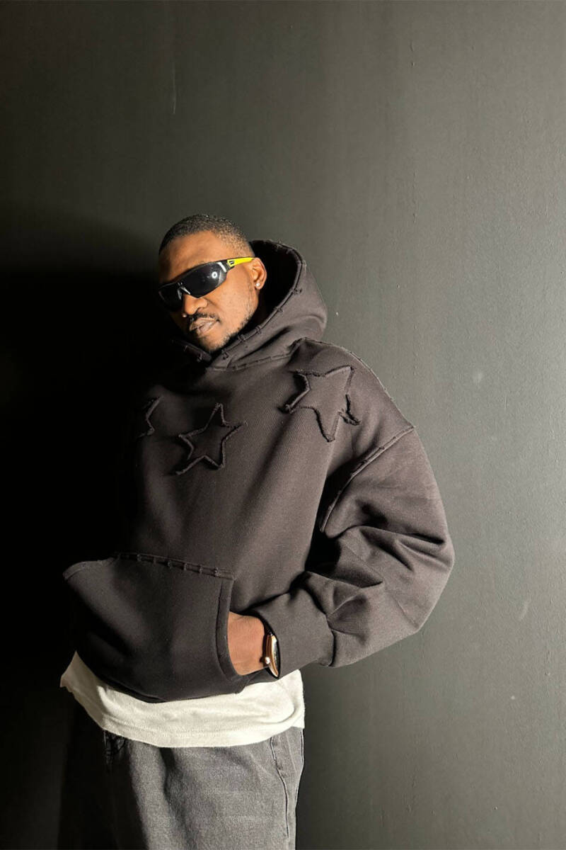 Siyah Yıldız Detaylı 550GSM (Heavyweight) Oversize Boxy Fit Hoodie - SOLDOUT