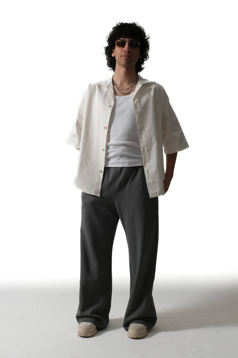 İnce Çizgili Ekru Yarım Kol Essential Oversize Gömlek - 2