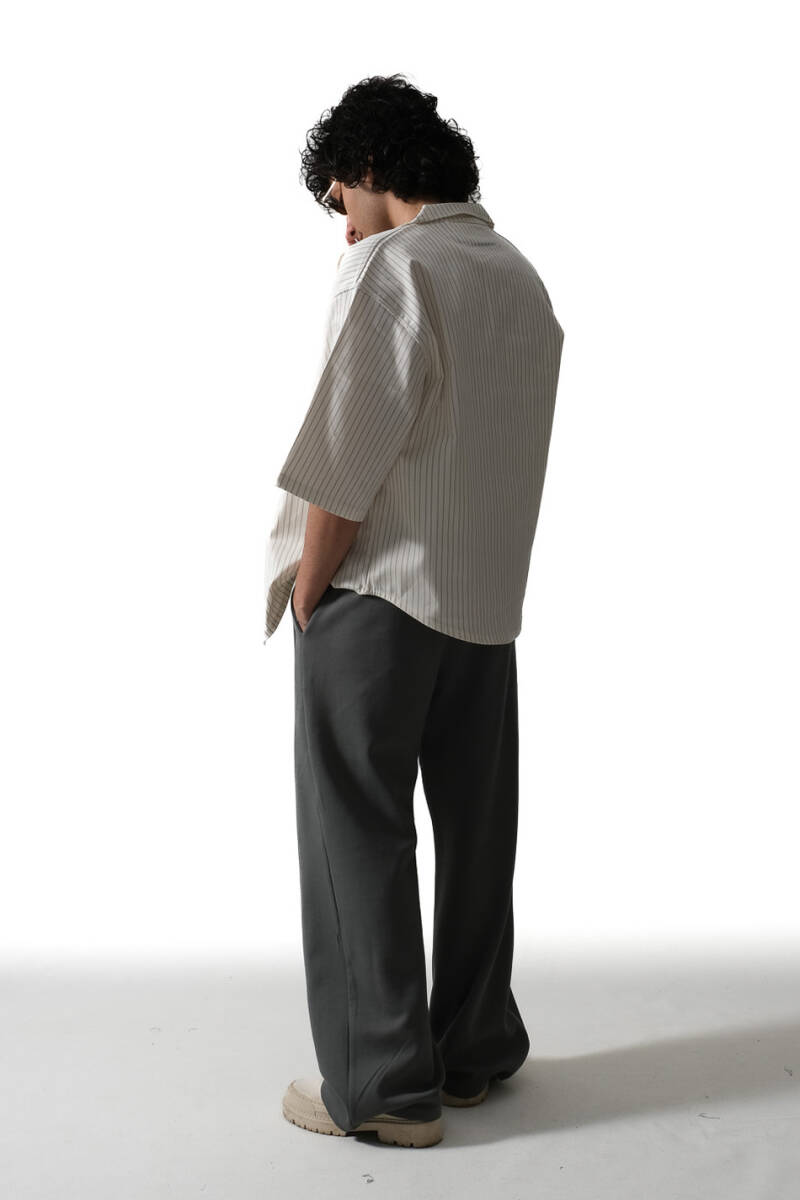 İnce Çizgili Ekru Yarım Kol Essential Oversize Gömlek - 5