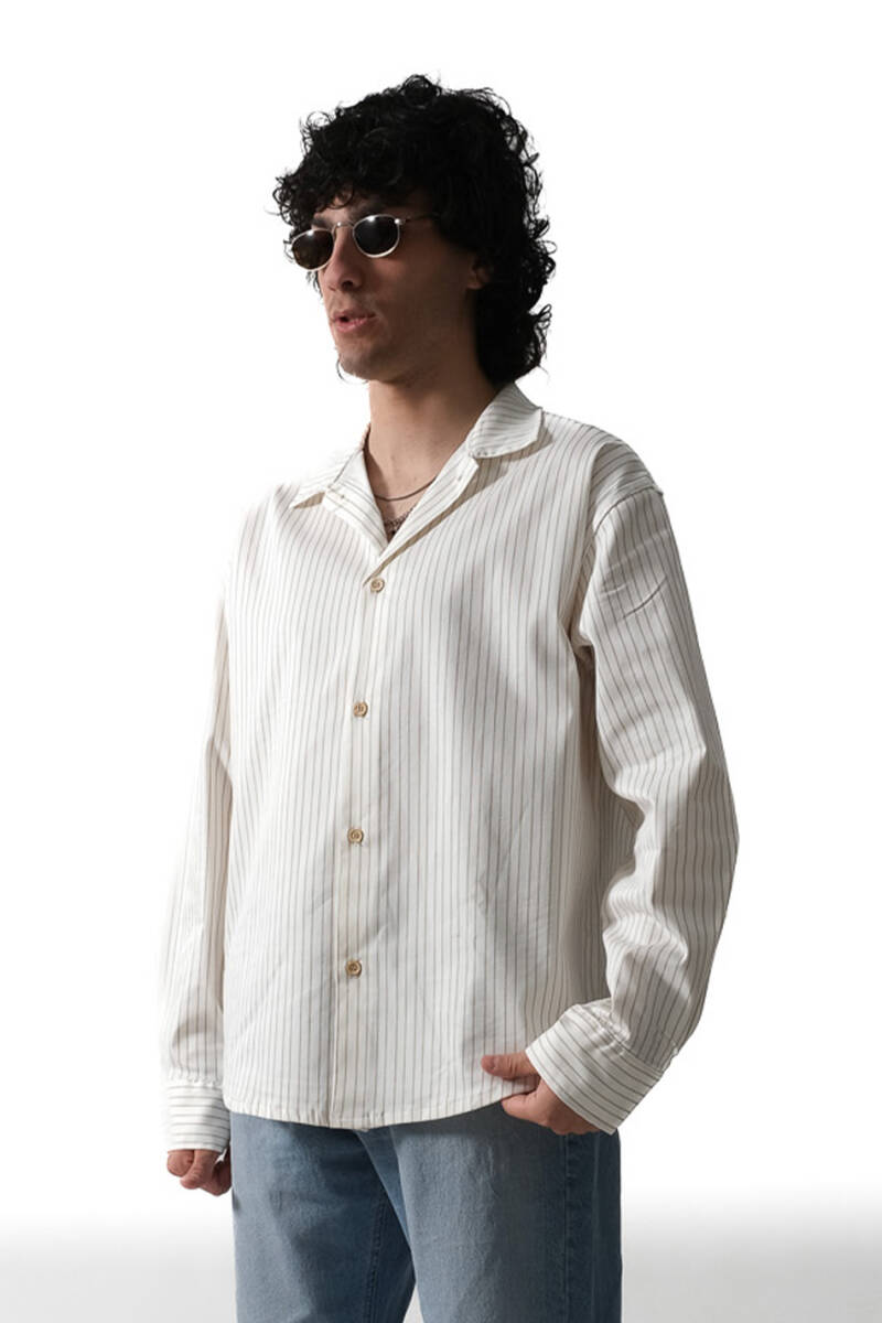 İnce Çizgili Ekru Essential Oversize Gömlek - 1