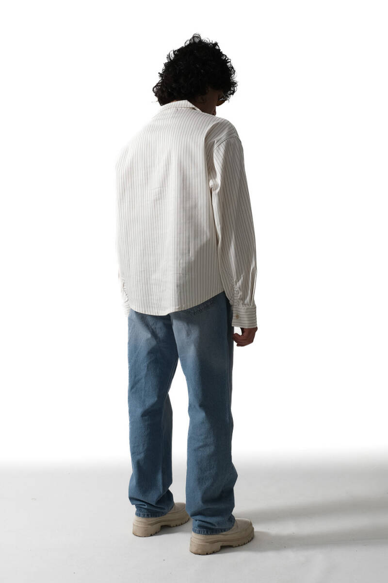 İnce Çizgili Ekru Essential Oversize Gömlek - 3