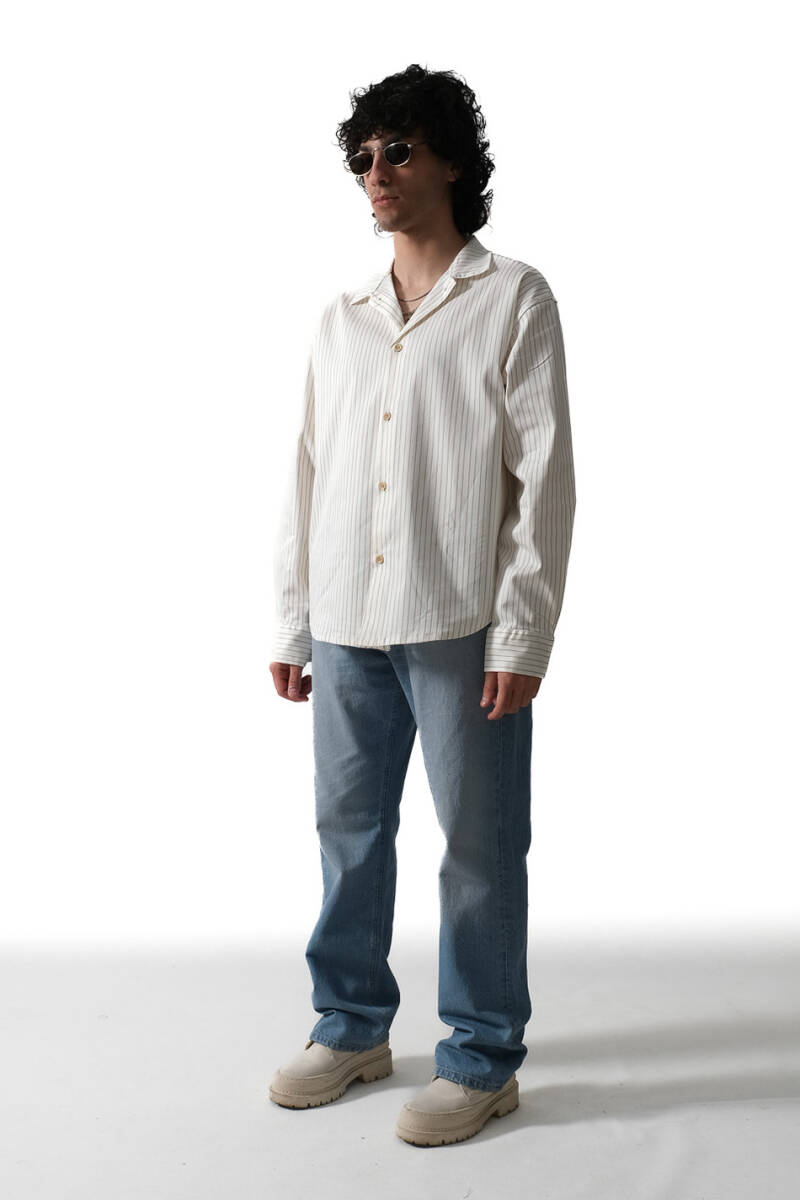 İnce Çizgili Ekru Essential Oversize Gömlek - 2
