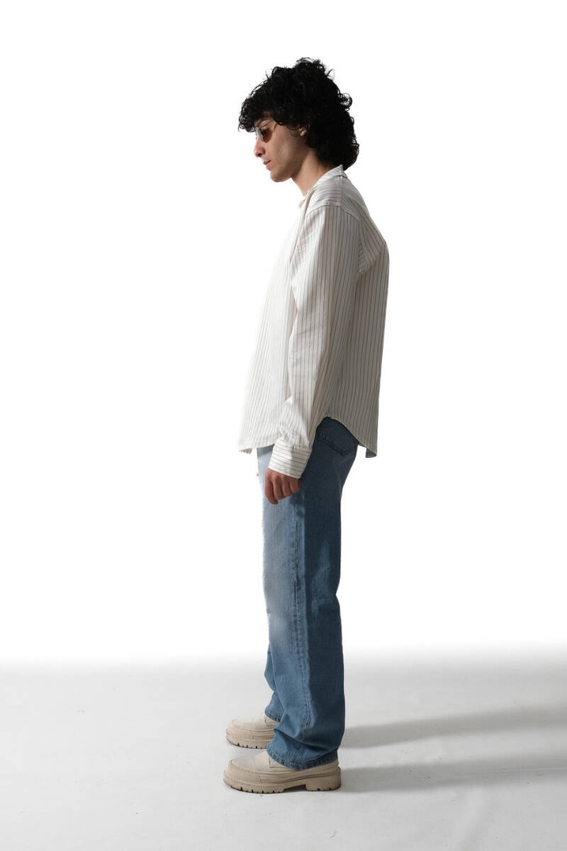 İnce Çizgili Ekru Essential Oversize Gömlek - 5