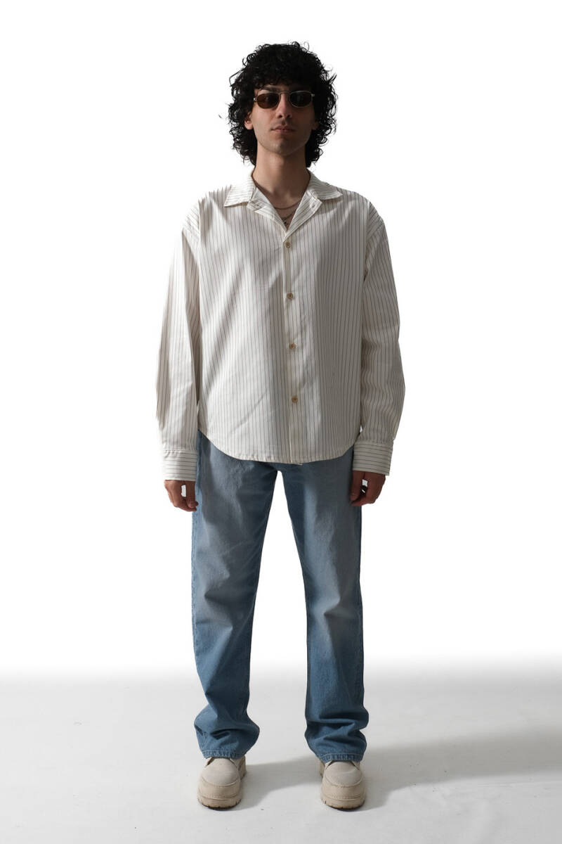 İnce Çizgili Ekru Essential Oversize Gömlek - 6