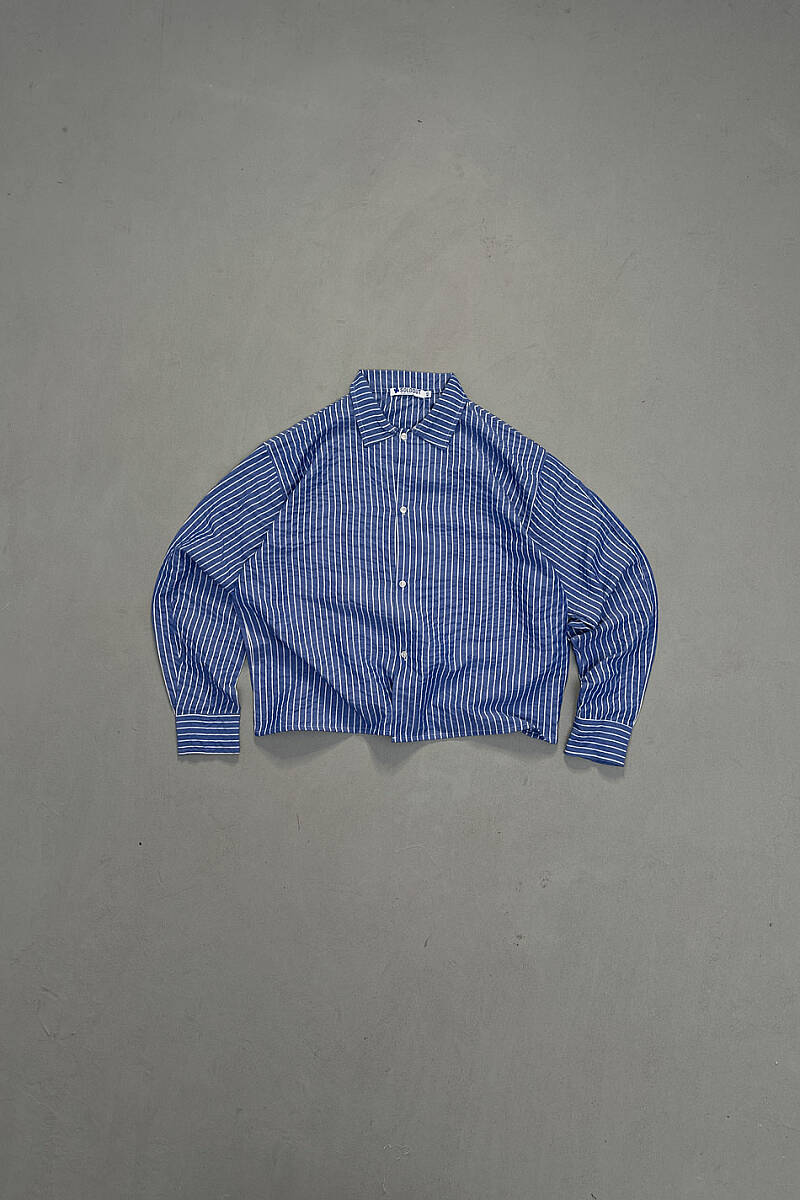 İnce Çizgili Mavi Oversize Gömlek 