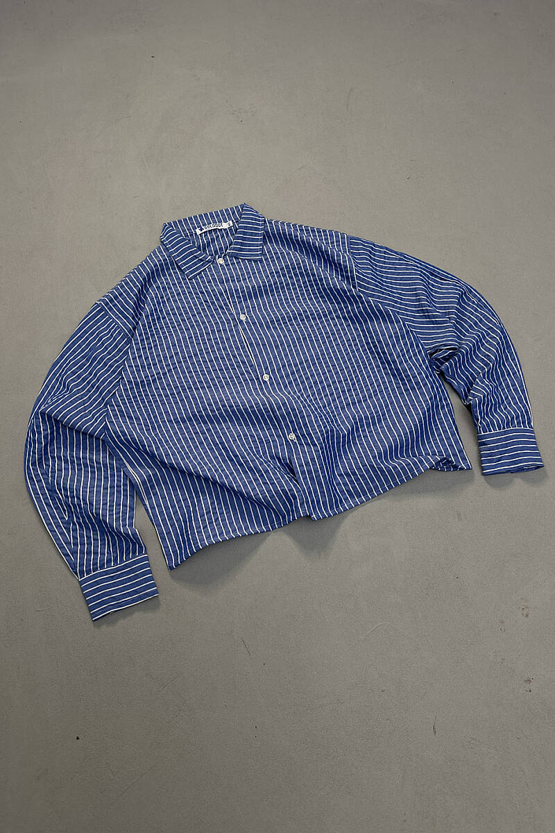 İnce Çizgili Mavi Oversize Gömlek - 4