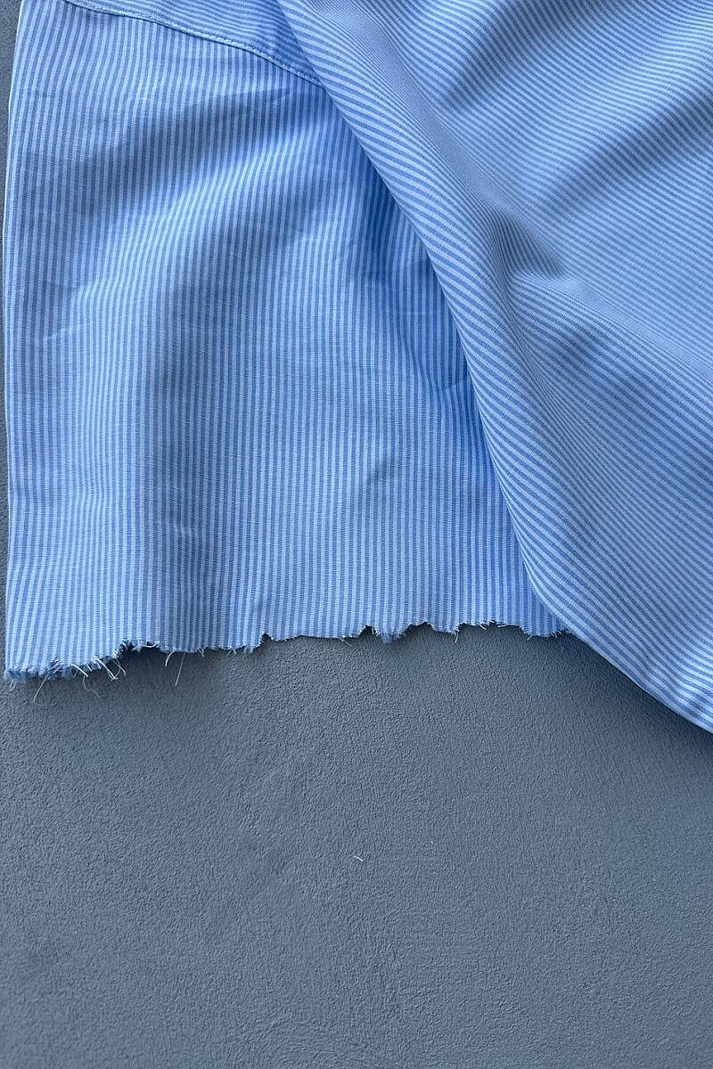 İnce Mavi Çizgili Distressed Yarım Kol Boxy Fit Gömlek - 6