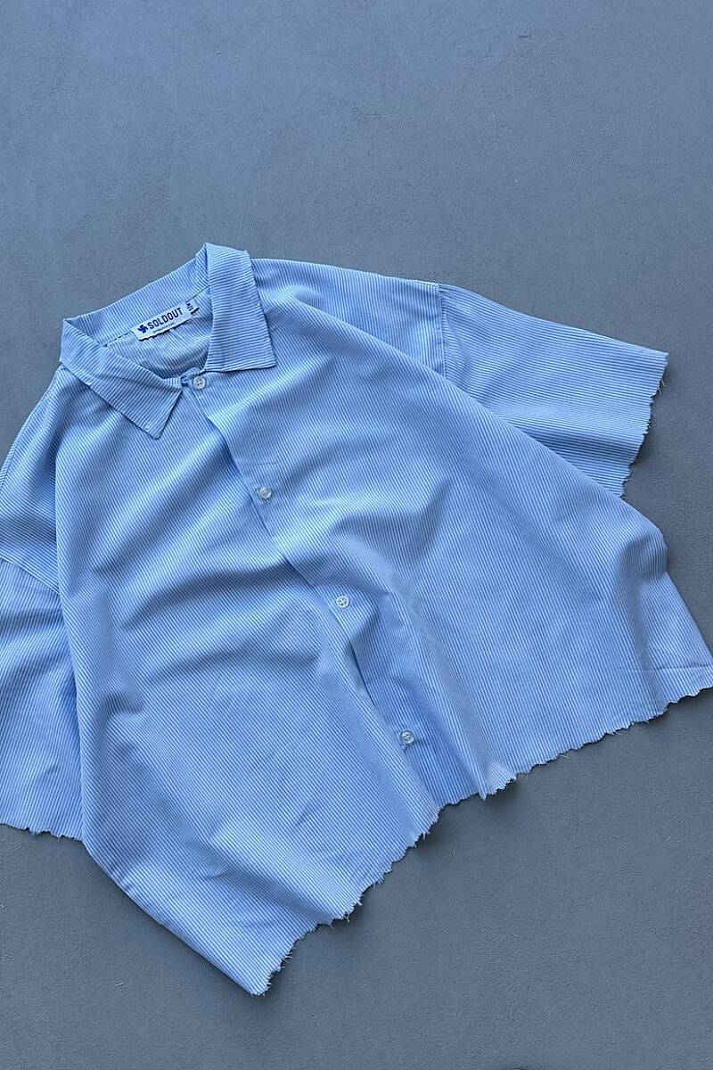 İnce Mavi Çizgili Distressed Yarım Kol Boxy Fit Gömlek - 7