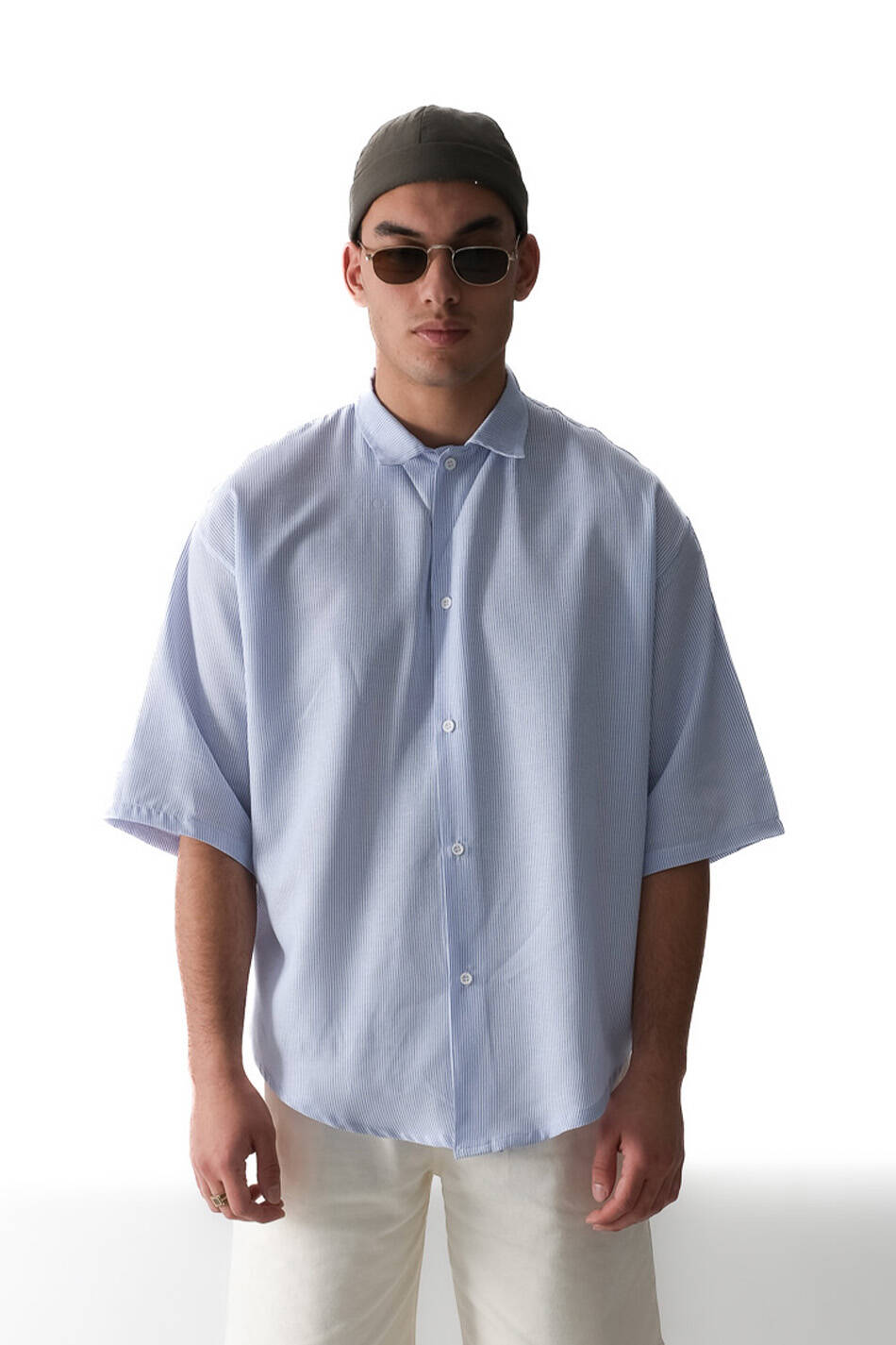 İnce Mavi Çizgili Yarım Kol Old Money Oversize Gömlek - SOLDOUT
