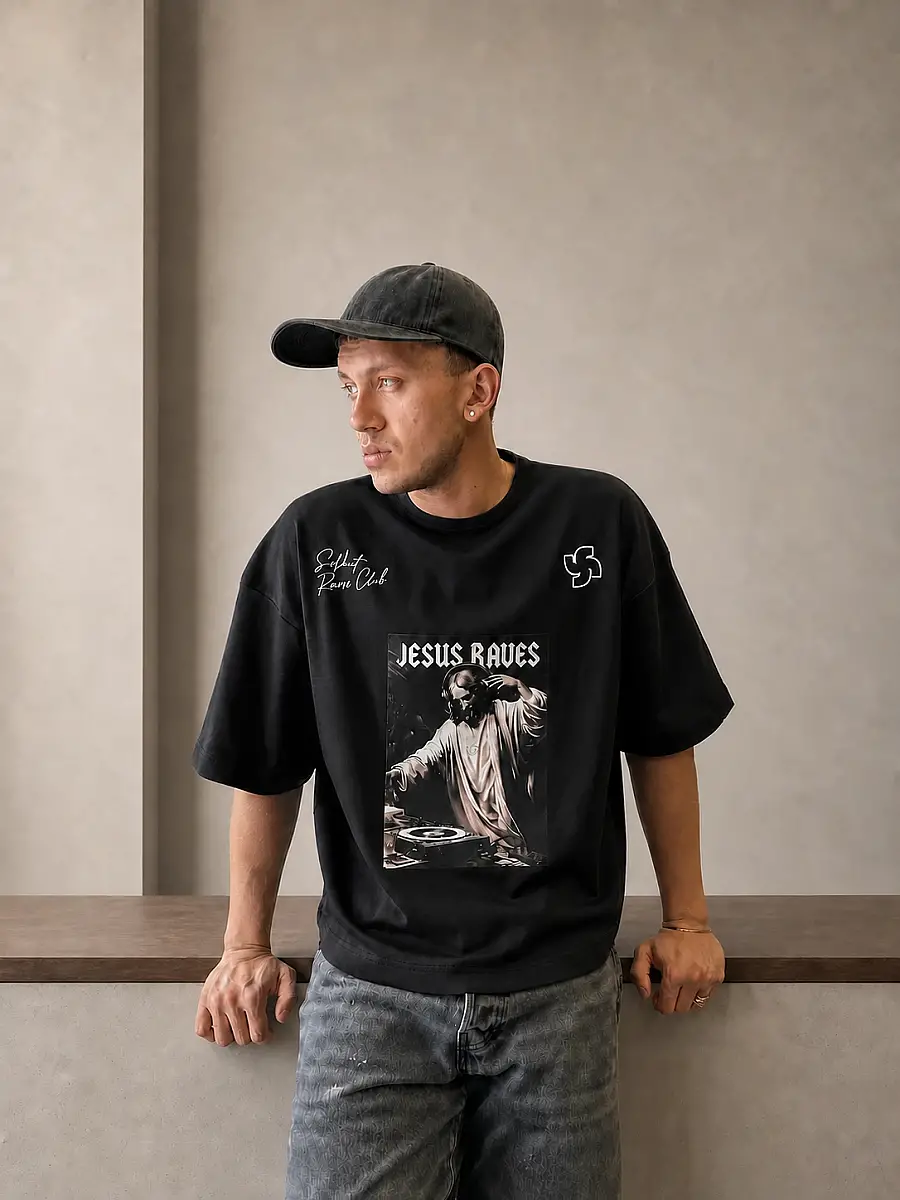 Jesus Raves Oversize Siyah Tişört - SOLDOUT (1)